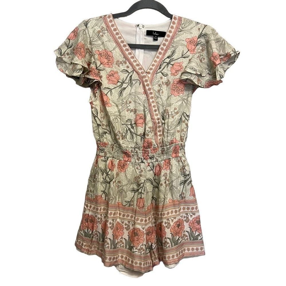 Lulus Making an Impression Cream Multi Print Flutter Sleeve Floral Romper Size X